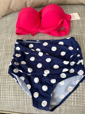 Strapless Pink Bikini Top with Navy Polka Dot High-Waist Bottoms